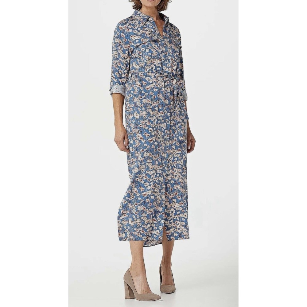 Haute Hippie Tribe Shirt Dress 1X Blue Floral Long Sleeve Button Up Midi Boho